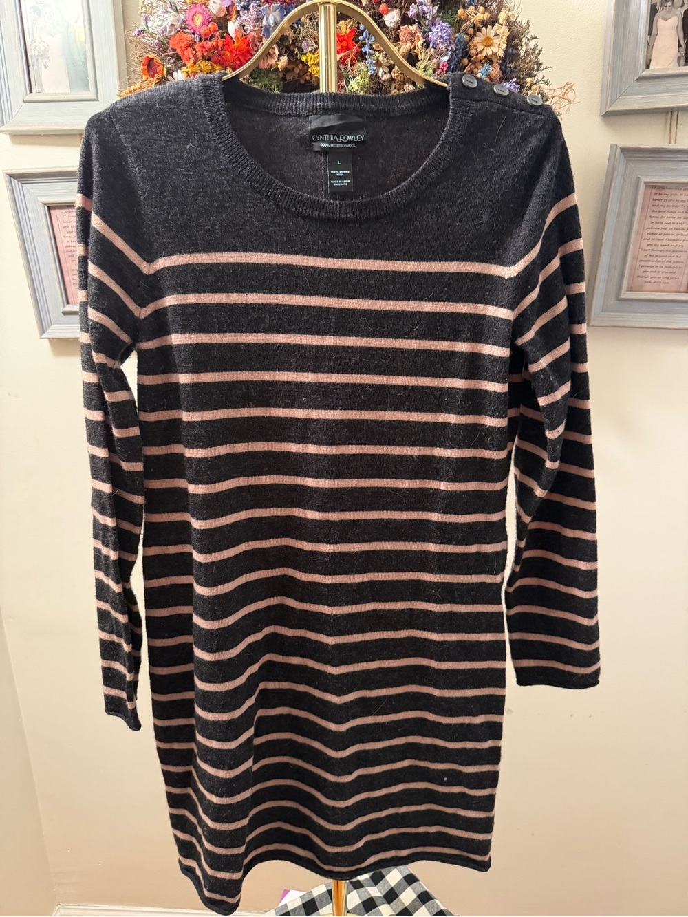 Cynthia Rowley Black and Pink Striped Crewneck Sweater dress mid knee